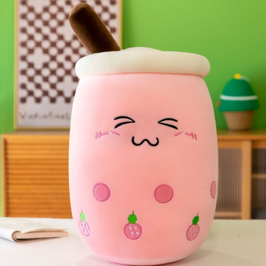 Peluche Bubble Tea Kawaii 23cm - Jouet Doudou Coussin Cadeau Enfant Thème Boba Tea (Rose)